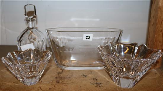 Orefors decanter and stopper, large etched vase and 2 wavy rimmed vases